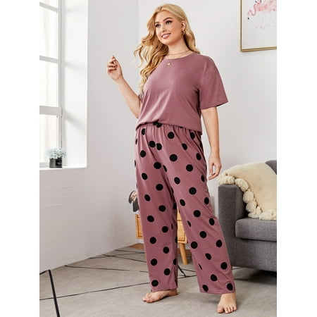 

Women s Plus Polka Dot Pajama Set 2XL(16) Dusty Pink Casual F22001D