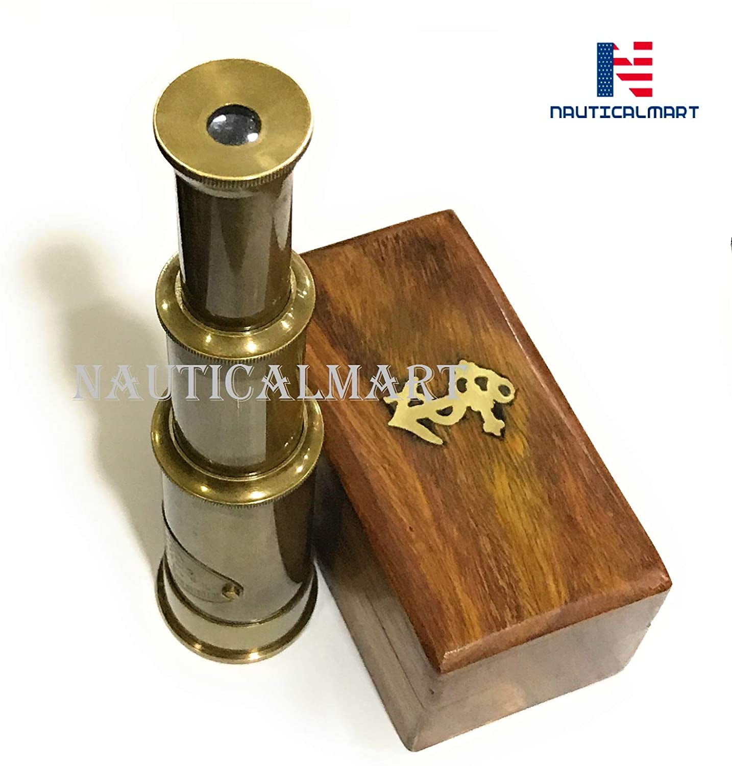 6 Handheld Brass Telescope with compass Pirate Navigation Wooden Box