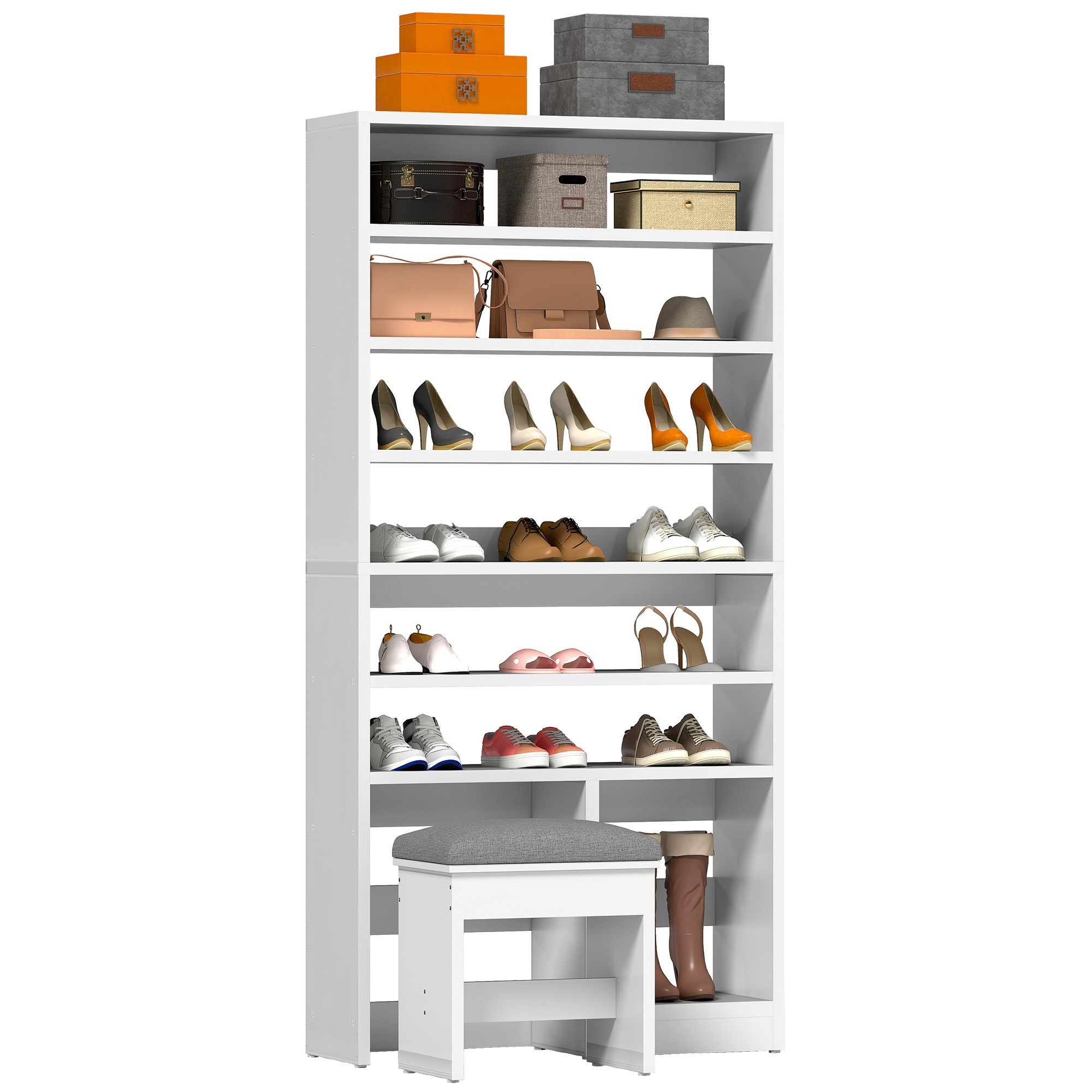 Uforic 8-Tier Entryway Shoe Storage Bench, Multi-Level Shoe Cabinet with Large Boot Storage, Ideal for Home and Living Room,White