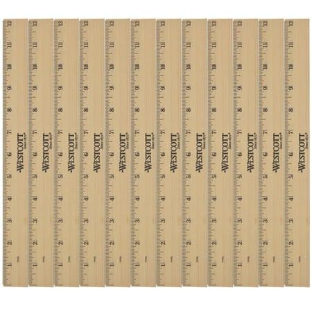 Westcott 12" Wood Ruler, Metric and Imperial, 0.75 lb., for Office, 12-Pack Bulk, Grade School Level