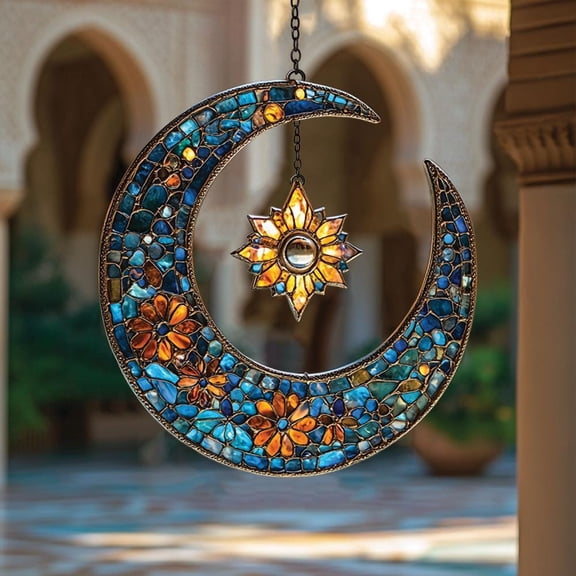 Crescent Moon and Star Acrylic Suncatcher fullxfull Boho Floral Mosaic Window Hanging, Mystical Blue Gold Celestial Decor for Ramadan or Gift