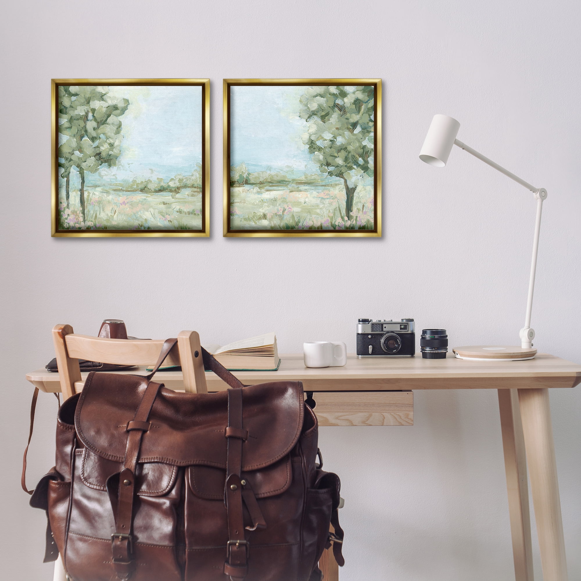 Stupell Industries Bright Spring Field Landscape Landscape & Nature Painting Gold Floater Framed Canvas Art Print Wall Art, 18 x 18, Set of 2