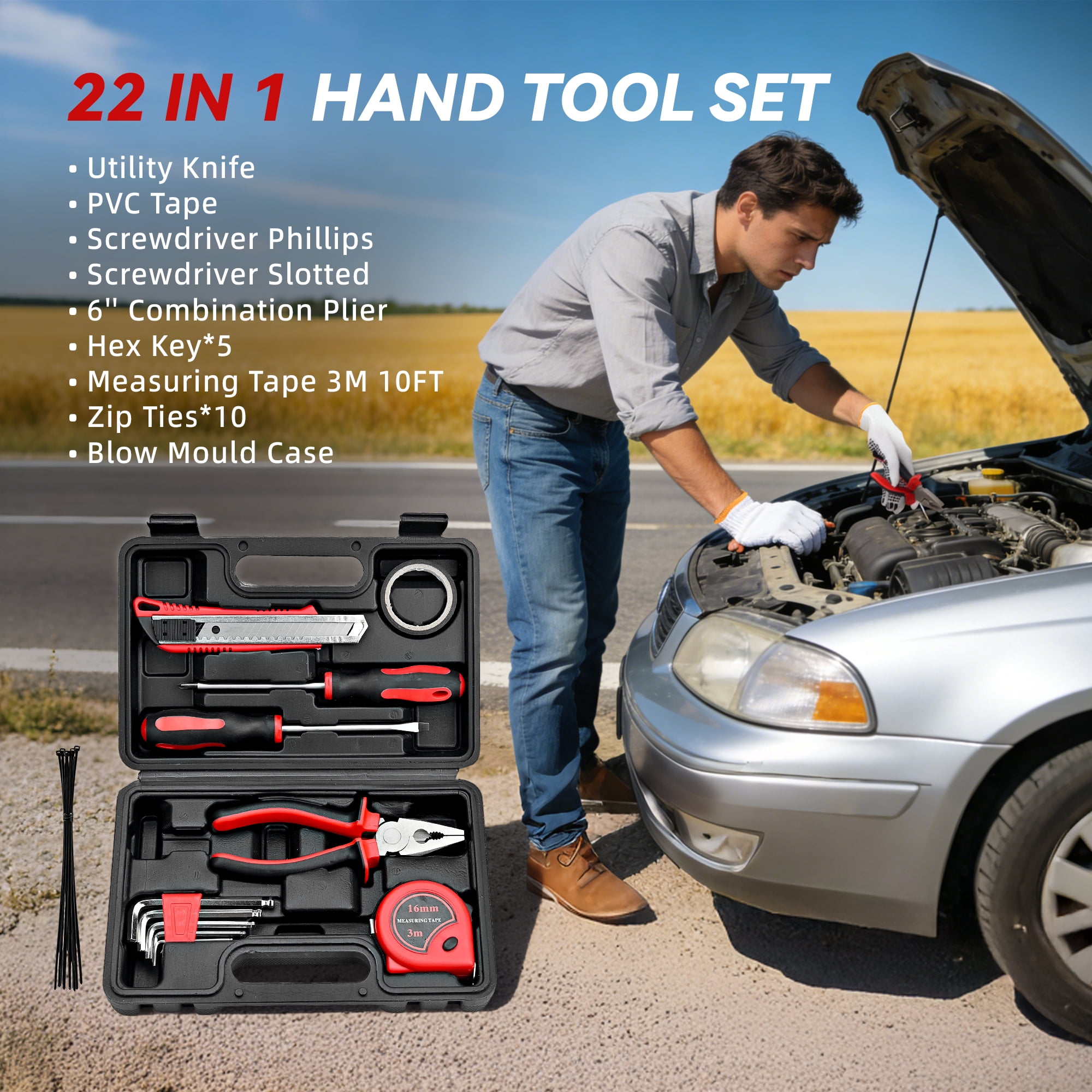 VCANENERGY Car Emergency Roadside Kit with Air Compressor, Jumper Cables, First Aid Kit, Snow Brush, Ice Scraper, Winter Vehicle Safety Kit