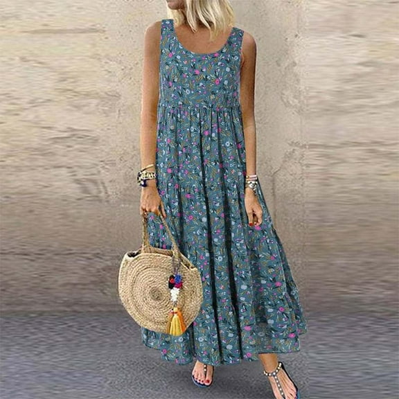 Women's Popular Elegant Commuting Vintage Floral Printing Stitching Sleeveless Round Neck Dress