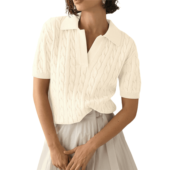 Women'S Cable Short Sleeve Sweaters Tops Solid Lapel V Neck Knit Casual Soft Pullover Shirt Grey White XL,1*Tops,Grey White