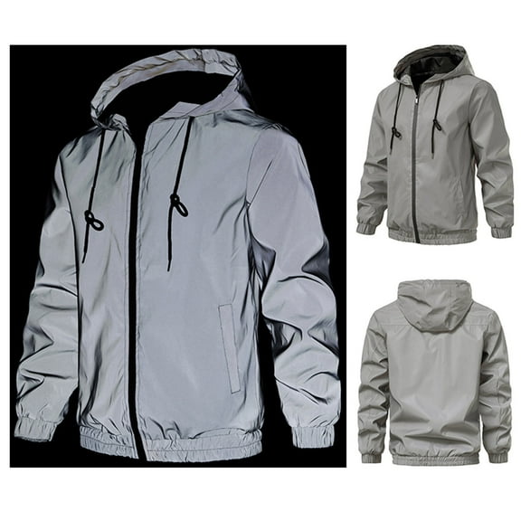 Somuwie Clearance Men's Reflective Hip Hop Dance Fluorescent Night Sports Zipper Hooded Jacket Coat /Jacket