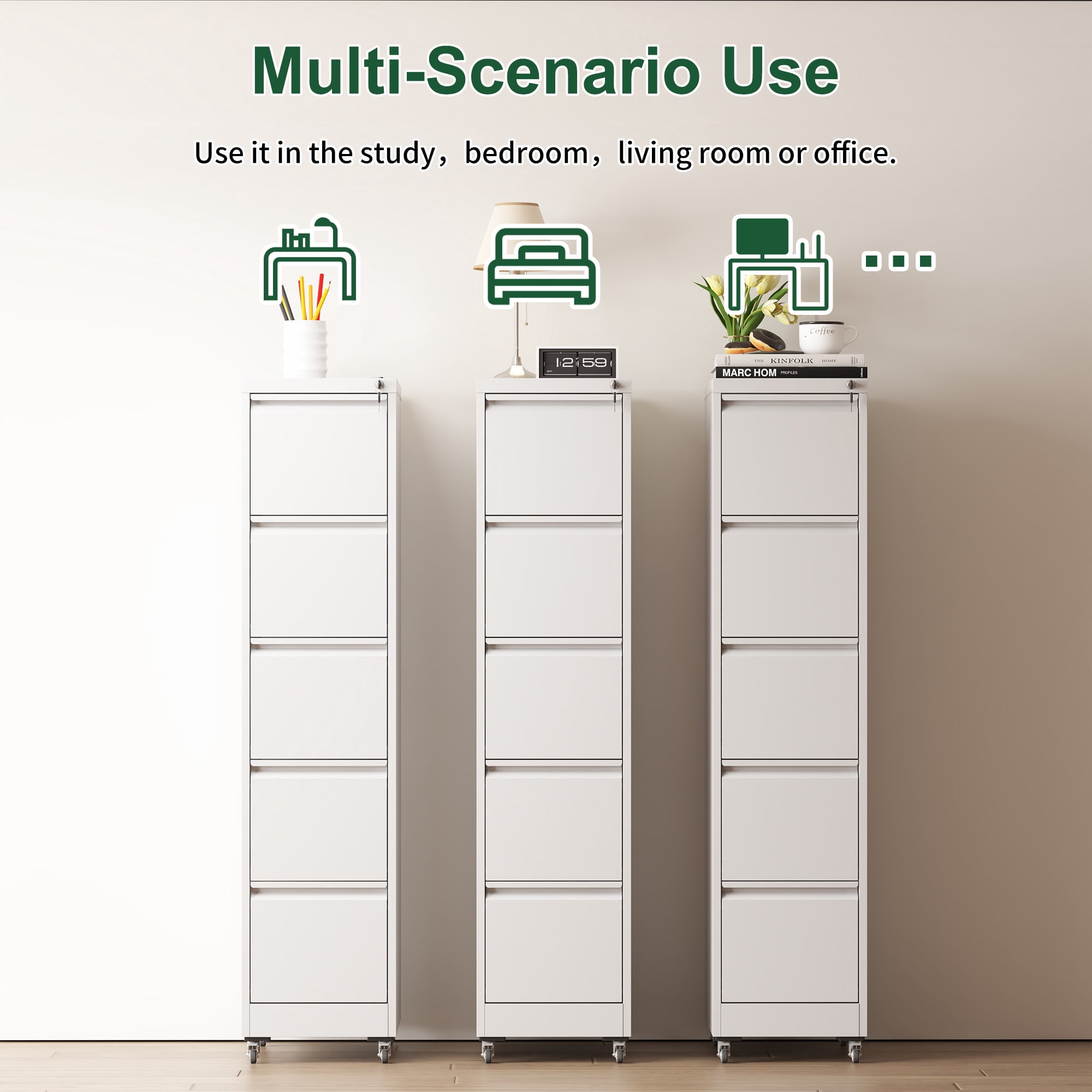 5 Drawer Metal Vertical File Cabinet with Lock on Wheels for Home Office,Heavy Duty Metal Storage Cabinet for A4/Letter/Legal Size Files, White, 17.71"D*15.16"W*64.17"H