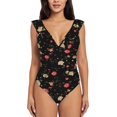 thumbnail image 2 of Yiaed Red White Flowers Print Women's Ruffled One Piece Swimsuit V Neck Swimwear Slimming Monokini for Woman-X-Large, 2 of 8