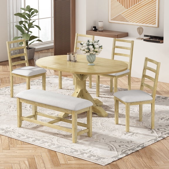 FFZ 6-Piece Extendable Dining Table Set with 4 Chairs and Bench, Natural Beige