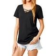 thumbnail image 5 of Nlife Women Criss Cross V Neck Short Sleeve Solid Color T-shirt, 5 of 7