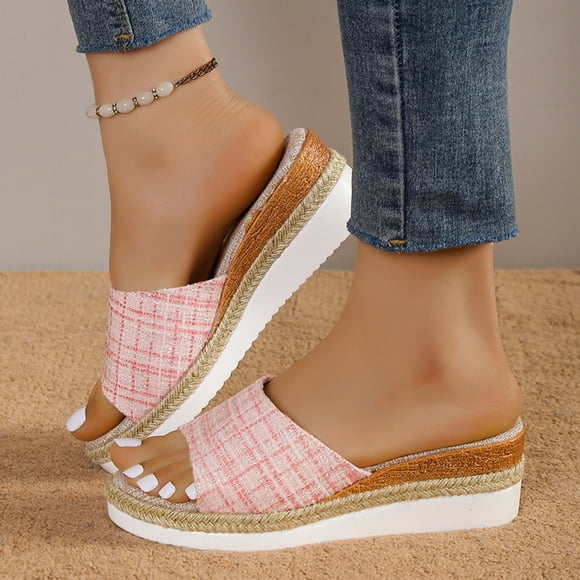 XIAQUJ Ladies Fashion Summer Cloth Face Open Toe Slope Heel Thick Sole Casual Sandal Slippers Sandals for Women 2024 Pink 6.5