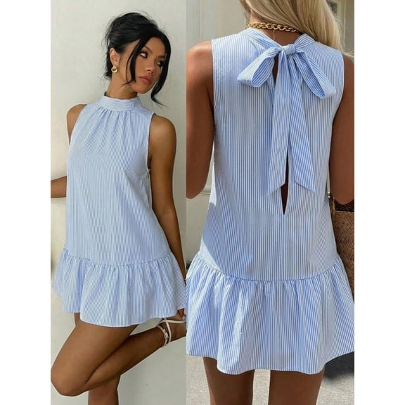 Blue And White Striped Sleeveless Shirt Dress With Ruffle Hem And Tie Back