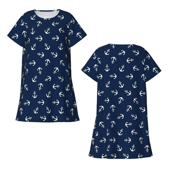 Horeoi Nautical Themed Simple Anchors Print Women's Short-sleeved Nightdress Breathable Cotton-like Material Loose A-line Knee-length