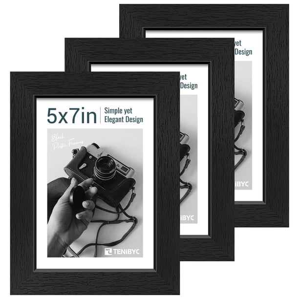 Marco de fotos TENIBYC de 5 x 7 pulgadas, color negro, madera veteada, paquete de 3 unidades con vidrio