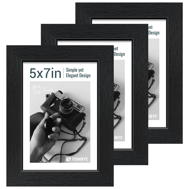 Marco de fotos TENIBYC de 5 x 7 pulgadas, color negro, madera veteada, paquete de 3 unidades con vidrio