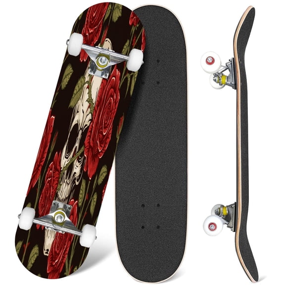 31'' Complete Skateboard 7 Layer Canadian Maple Double Kick Deck Skateboards skull red roses stems leaves Skate Board for Beginner Adult Gifts