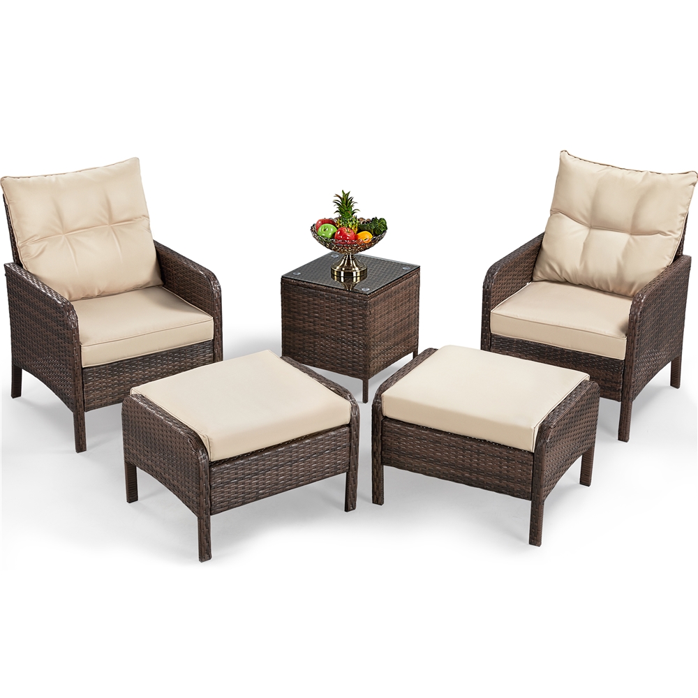 Alden Design 5-Piece Outdoor Rattan Patio Set with End Table, Brown with Beige Cushions - image 4 of 9