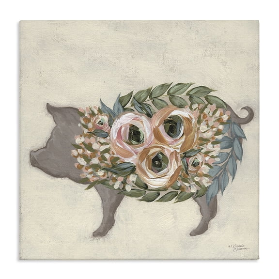 Stupell Industries Cottage Charming Farm Pig Green Pink Floral Body Canvas Art, 17 x 17, by Michele Norman