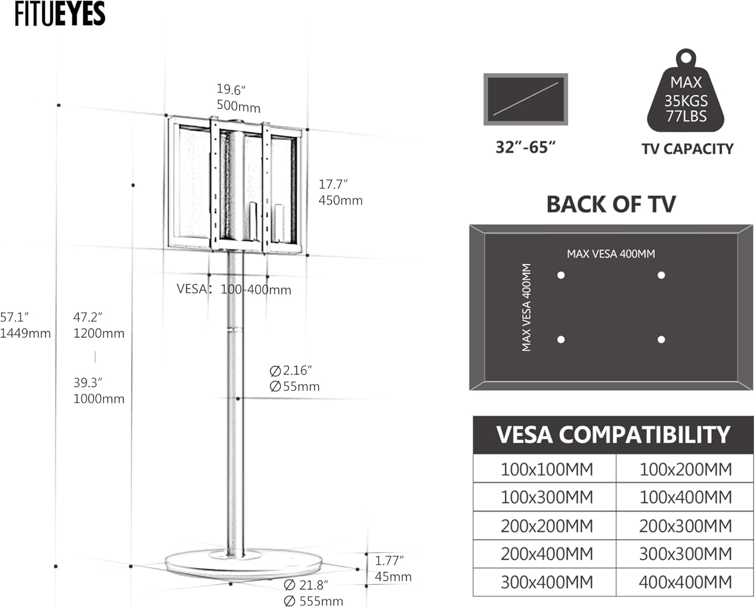 FITUEYES Master Series Rolling TV Stand for 32–65 Inch TVs, Black & Gold