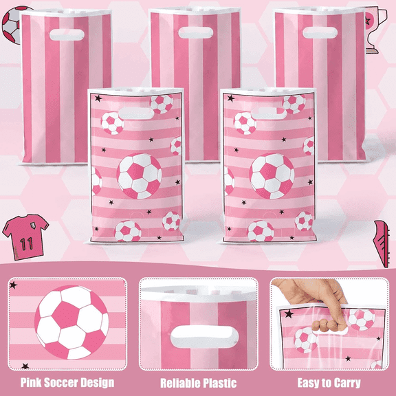Laffact Pink Soccer Theme Goodie Bags, 50 Pack Plastic Party Favor Bags