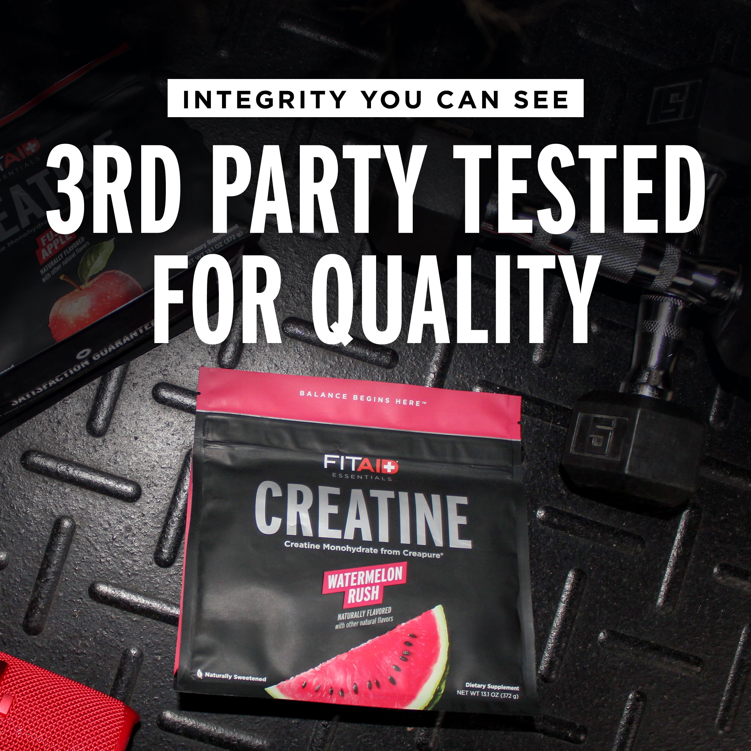 FITAID Essentials Creatine Powder Watermelon Rush, CreaPure Creatine Monohydrate, ATP Production for Weightlifting, Cycling, Zero Sugar, Smooth-Mixing, Easy on Stomach, Resealable, 60 Servings