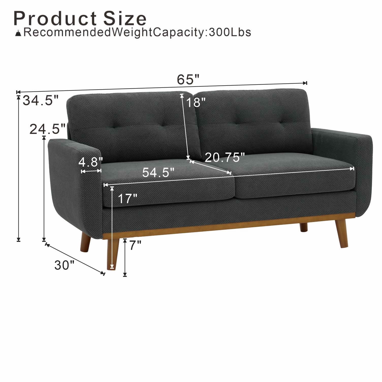 MAYEERTY 65‑Inch Modern Minimalist Two‑Seater Sofa, Nubby Upholstered Loveseat with Sturdy Solid Wood Legs, Mid‑Century Upholstered Couch for Living Room