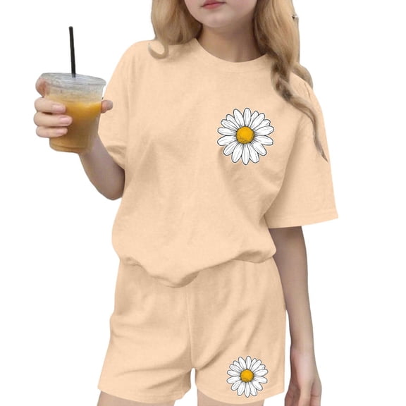 BLTIBY Girls Summer 2 Piece Outfits Printed Short Sleeve T Shirts Top with Shorts Fashion Casual Sports Sets Beige 9-10Years