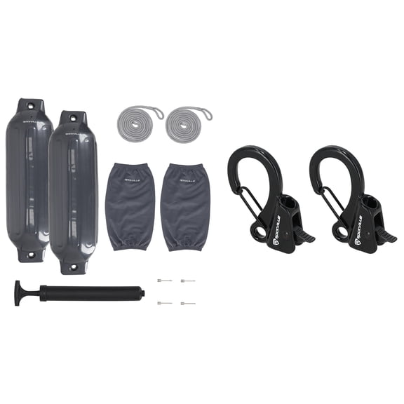 Rockville FEN285-GREY Bundle: (2) 8.5 x 27 Inch Boat Fenders with Covers and Lines, RQA-2 Quick Release Fender Clips, Marine Dock Kit, 11-items
