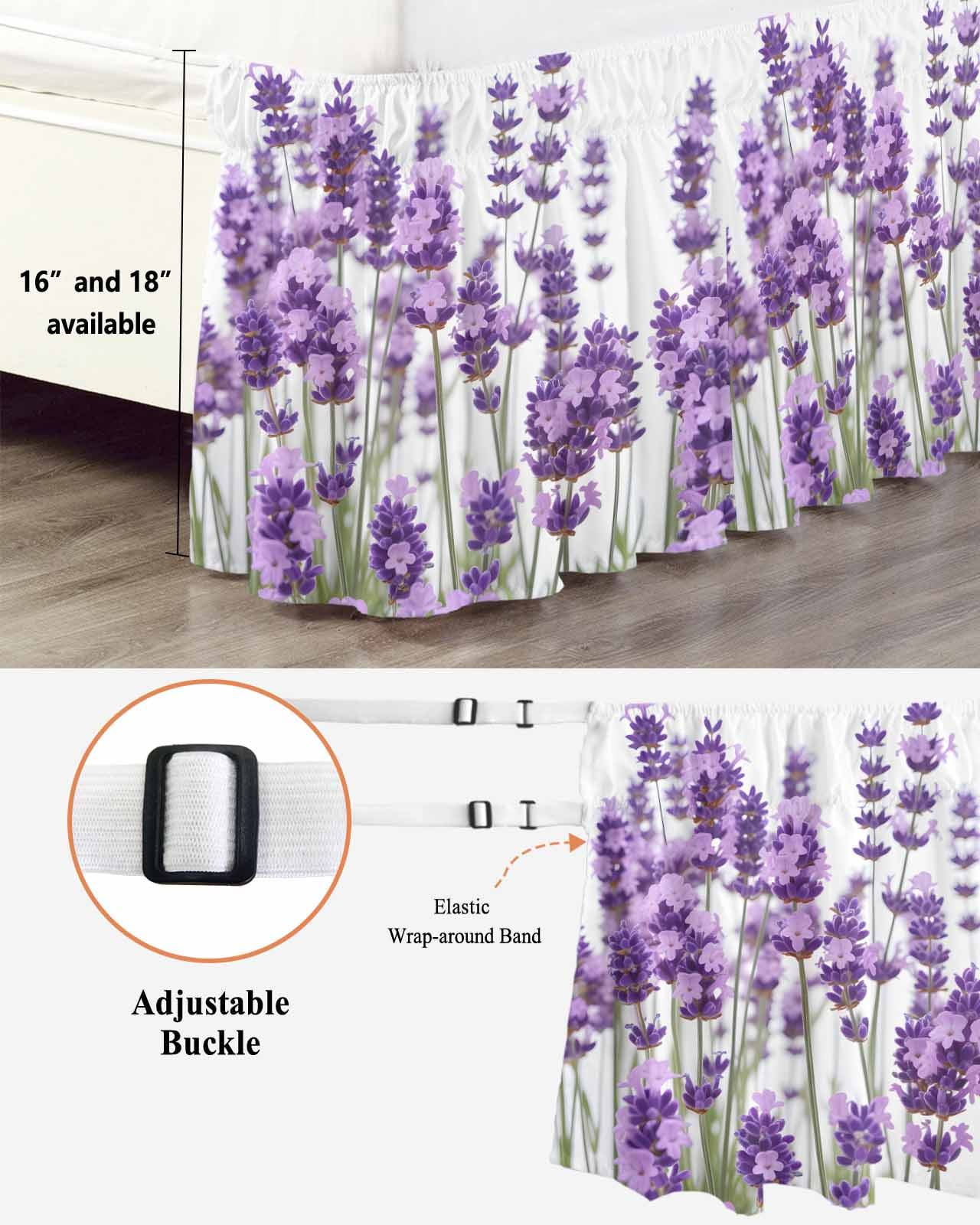 Purple Lavender Wrap Around Bed Skirts for King Bed 16" Drop,Bed Skirt with Adjustable Elastic Belt Dust Ruffle Bed Valance for Bedroom Hotel Farmhouse Pastoral Botanical Floral Bed Frame Cover