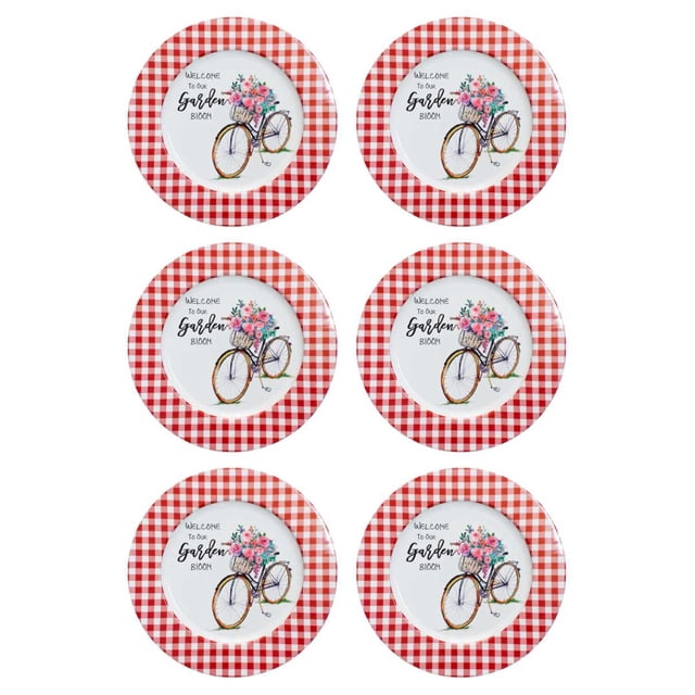 Juego 6 Platos Galerias El Triunfo Metal Cuadros Rojos Blancos Bicicleta Con Flores 33cm