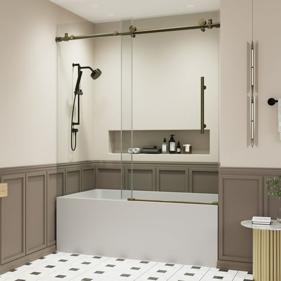 56-60" x 60" H Frameless Sliding Bath Door, Bath Shower Door, 5/16" (8 mm) Clear Tempered Glass, Stainless Steel Frame With Brushed Gold Metal Baffle Bar At Bottom