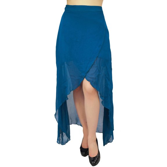 Bimba Women's Asymmetrical Blue Georgette Half lined High Low Sheer Skirt -XL