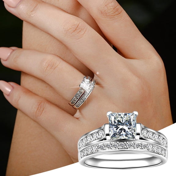 YYKihy 2Pcs White Square Diamond Ring White Zircon Crystal Ring Couple Ring Set Fashion Couple Diamond Ring Luxury Women Marriage Proposal Zircon Ring 5 12