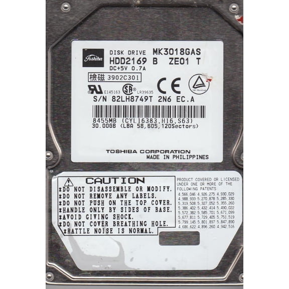 MK3018GAS, A0/Q3.02A, HDD2169 B ZE01 T, Toshiba 30GB IDE 2.5 Hard Drive