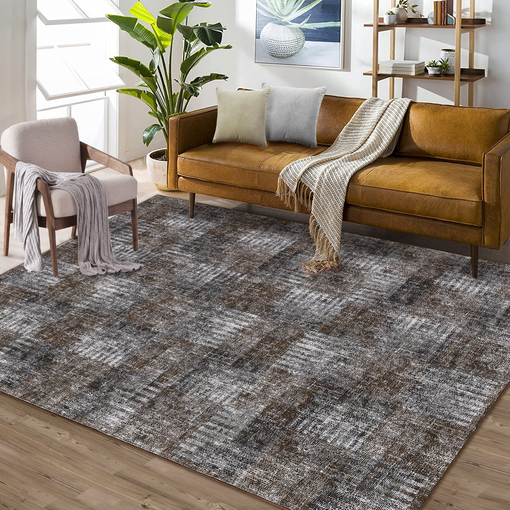 Tzou Modern Washable Area Rugs 8'x10' for Living Room, Soft Plaid Carpets Non-Slip, for Dining Room Bedroom