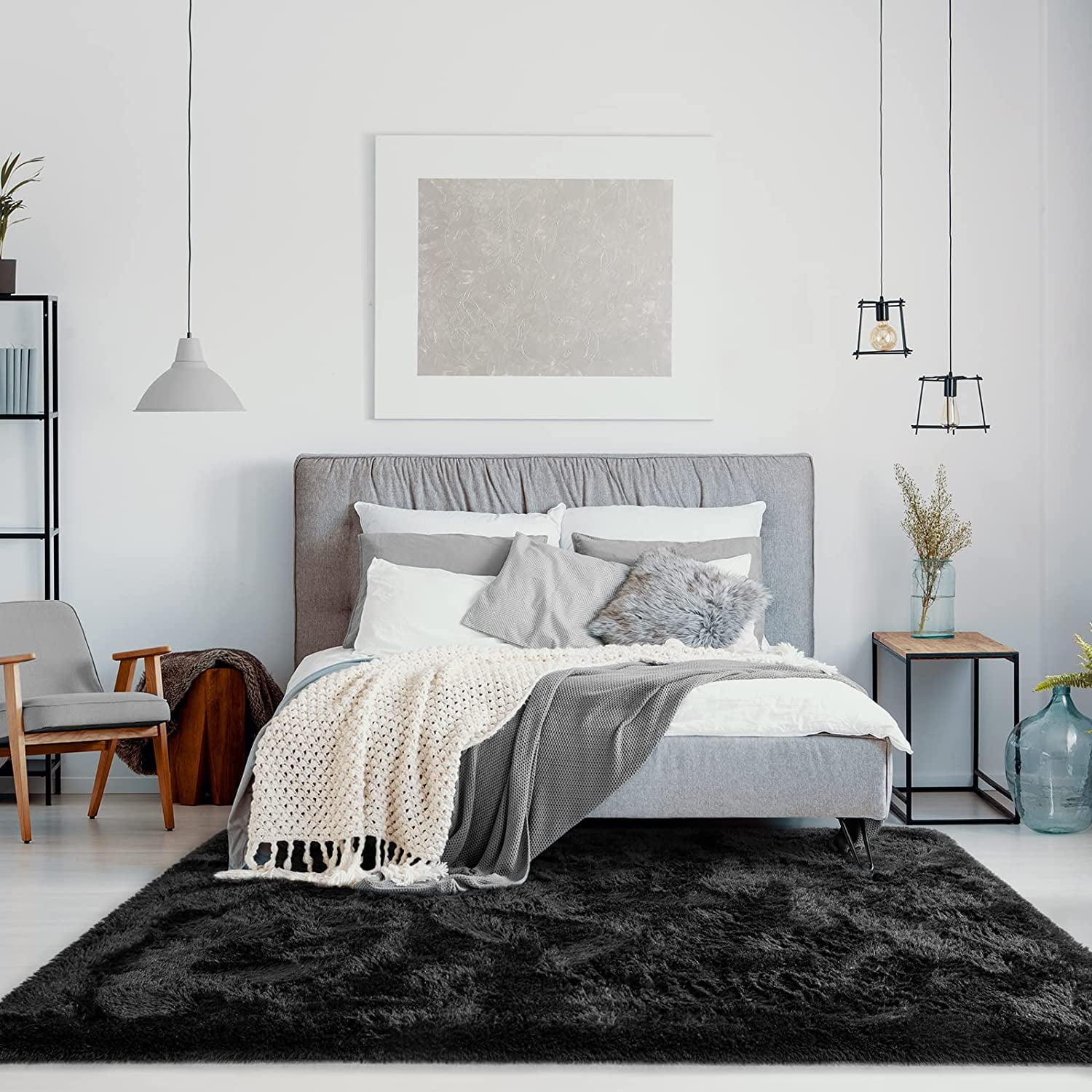 Arogan Soft Fluffy Area Rug Modern Shaggy Bedroom Rugs for Kids Room Nursery Rug Floor Carpets, 8'x 10',Black