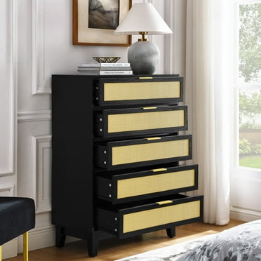 HSUNNS 5 Drawer Dresser, Bohemian Style Rattan Storage Cabinet for Living Room, Closet, Hallway, Modern Wooden Chest of Drawers, Easy Assemble, Black