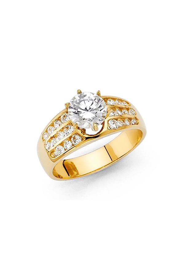 14k Yellow Gold Round CZ Engagement Ring Anniversary Solitaire CZ Wide Band Bridal Side Stones Size 7