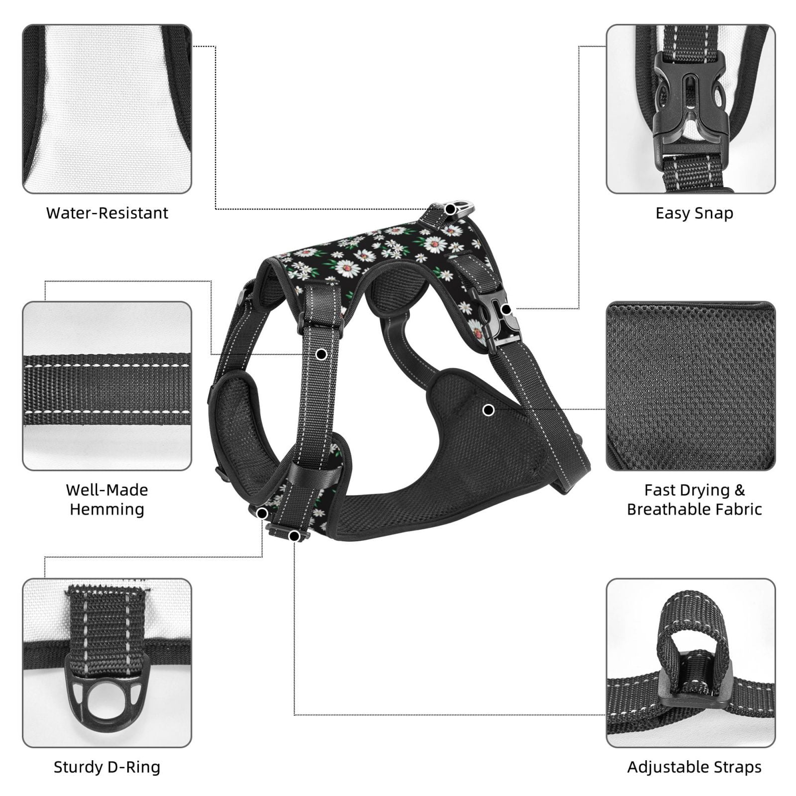 Kdxio Daisies Flowers Print No Pull Dog Harness Adjustable Reflective Oxford Easy Control Medium Large Dog Harness for Training and Everyday-X-Large