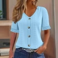 thumbnail image 2 of Ashirexll Short Sleeve Shirts for Women, Tops for Women Trendy, Solid Color V-Neck Button Lace Patchwork Short Sleeve Top, 2 of 7