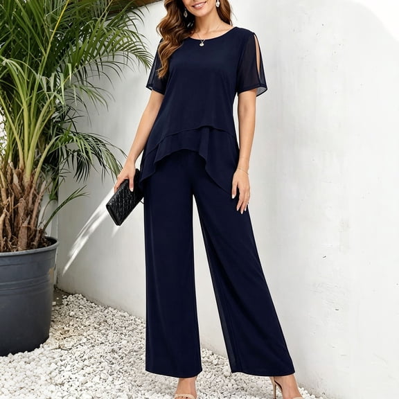 Costeam Womens Cut Out Short Sleeve Ruffle Layered Chiffon Top and Wide Leg Palazzo Pants Two Piece Outfit Solid Color Elastic Waist Flowy Lightweight Formal Casual Co Ord Set