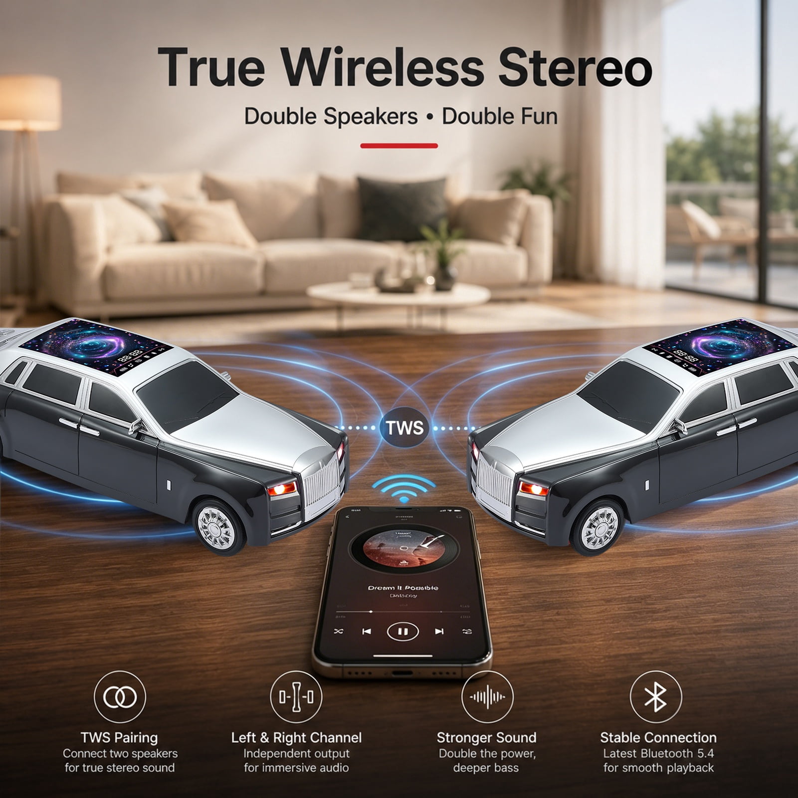 WSTER WS-610 Car Shaped Bluetooth Speaker, 15W Heavy Bass Portable Wireless Speaker with LED Lights, TWS, FM Radio, TF/USB, Bluetooth 5.4 for computer/Desktop ornaments/outdoor/party/Gift