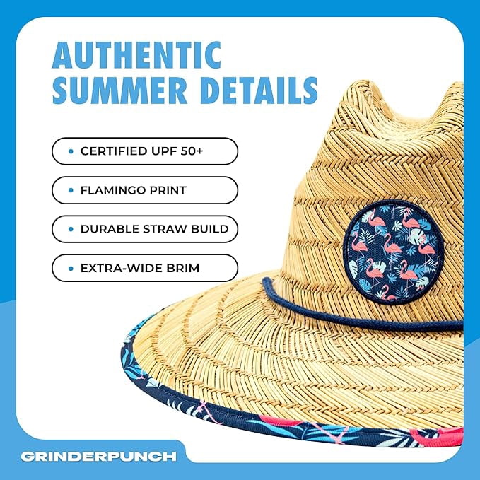 Grinderpunch Lifeguard Hat Mens Straw Sun Hat for Beach, Outdoor, and Travel | UPF 50+ Sun Protection | Wide Brim Straw Beach Hat | Classic Sun Hat for Men and Women ( Flamingo Palm )