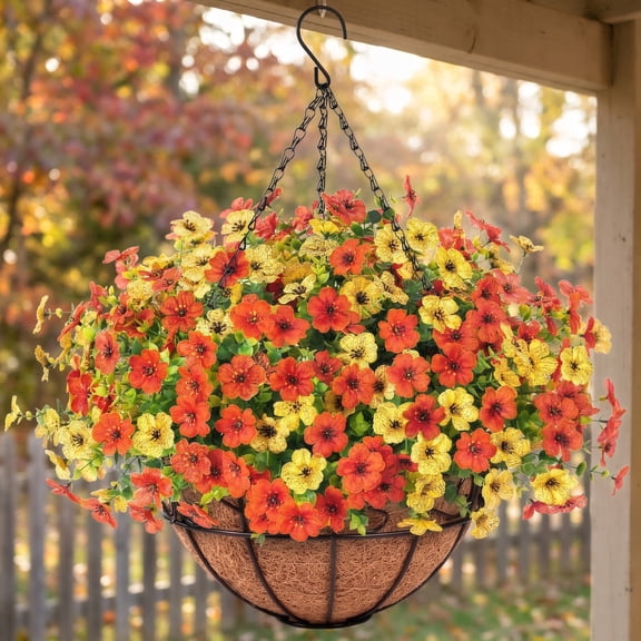Scidweet Artificial Fall Hanging Flowers, 12 Pcs Fake Autumn Flowers Faux Plants with Coconut Lining Basket Fall Decoration for Home Outside Patio Garden Decor, Multicolor