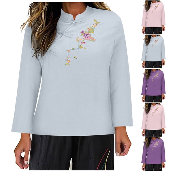 HVOBTTY Women's Long Sleeved Pullover T Shirts, Fall Tops for Women, Women's Casual Solid Color Round Neck Long Sleeves Linen Loose T Shirt Blue, XXL