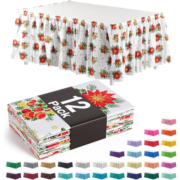 Exquisite Ruffle Table Skirt, 12 Count, 14 Ft Long Disposable Table Skirts with Adhesive Strip for 6 Ft Rectangle Tables & Round Tables, Holiday Party Decorations