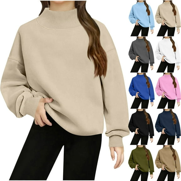 UQJfacai Girls Mock Neck Sweatshirt Oversized Turtleneck Sweater Fall Winter Long Sleeve Fleece Pullover Tops Trendy Clothes 5-14 Years