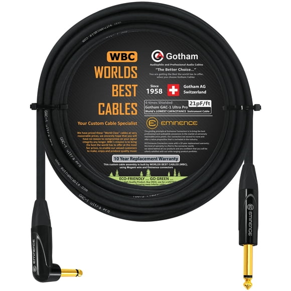 WORLDS BEST CABLES 20 Foot - Gotham GAC-1 Ultra Pro - Premium, Low-Capacitance Guitar Bass Instrument Cable - with Straight to An