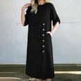thumbnail image 4 of Vhkiploz Summer Long Tunic Linen Dress for Women's Solid Color Button-Up Front Split T-Shirt Dress Short Sleeve Round Neck Beach Straight Dress, 4 of 10