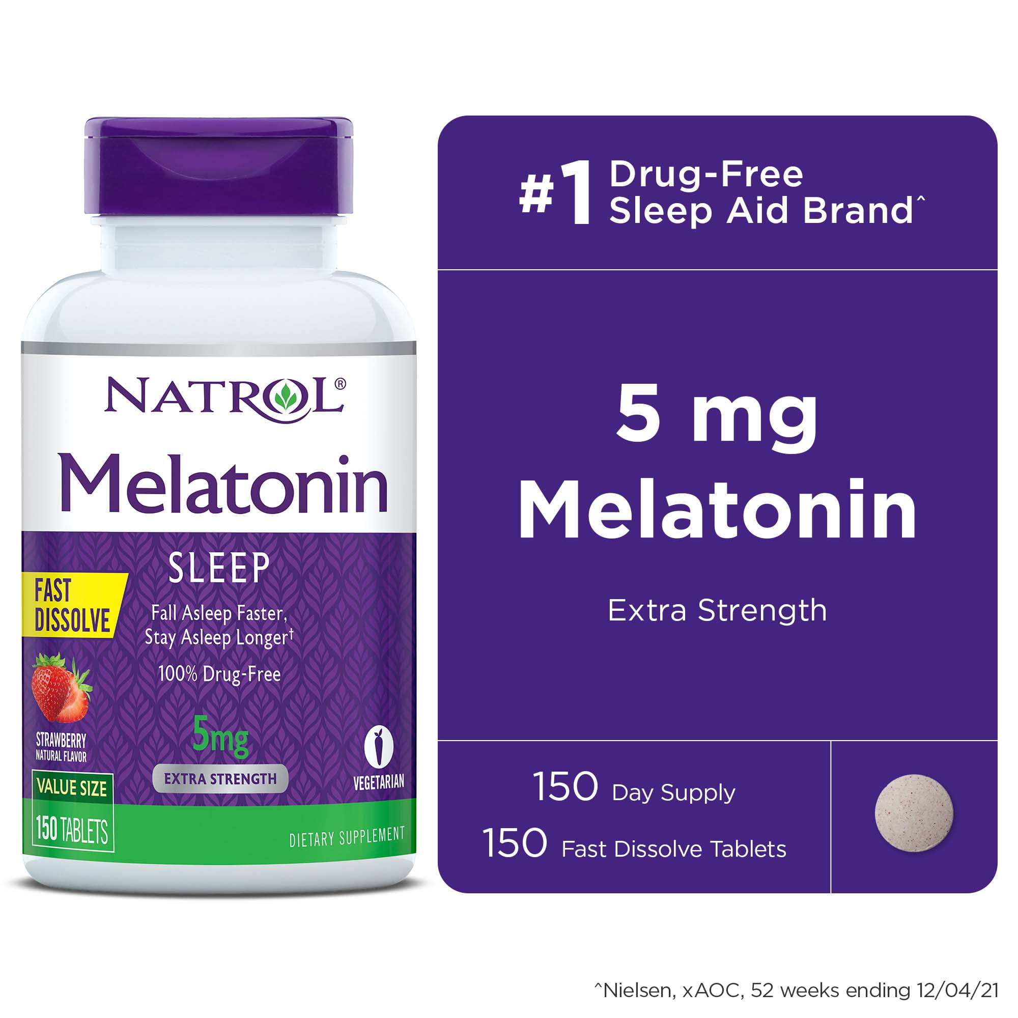 Natrol Melatonin 5mg, Sleep Support Supplement, Strawberry Fast Dissolve Tablets, 150ct